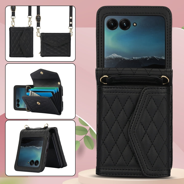 For Motorola Razr 40 Ultra Splicing Rhombic Texture Phone Case with Long & Short Lanyard(Black) by buy2fix