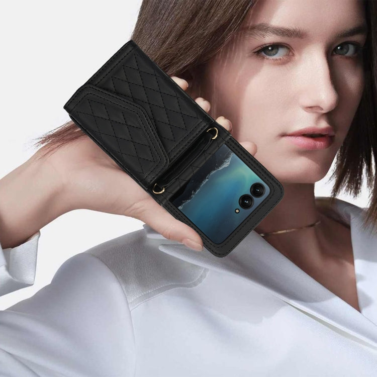 For Motorola Razr 40 Ultra Splicing Rhombic Texture Phone Case with Long & Short Lanyard(Black) by buy2fix