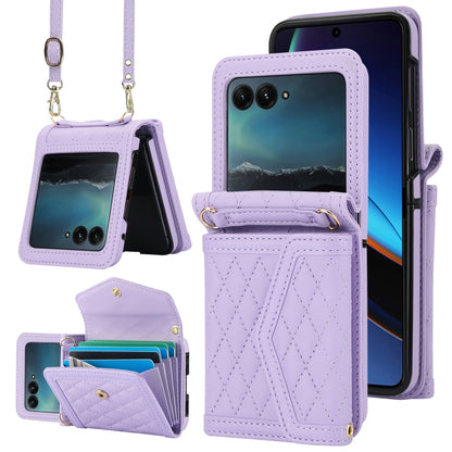 For Motorola Razr 40 Ultra Splicing Rhombic Texture Phone Case with Long & Short Lanyard(Purple) by buy2fix