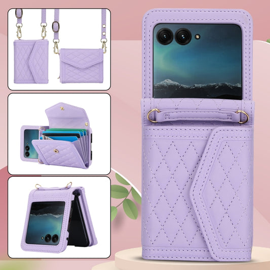 For Motorola Razr 40 Ultra Splicing Rhombic Texture Phone Case with Long & Short Lanyard(Purple) by buy2fix