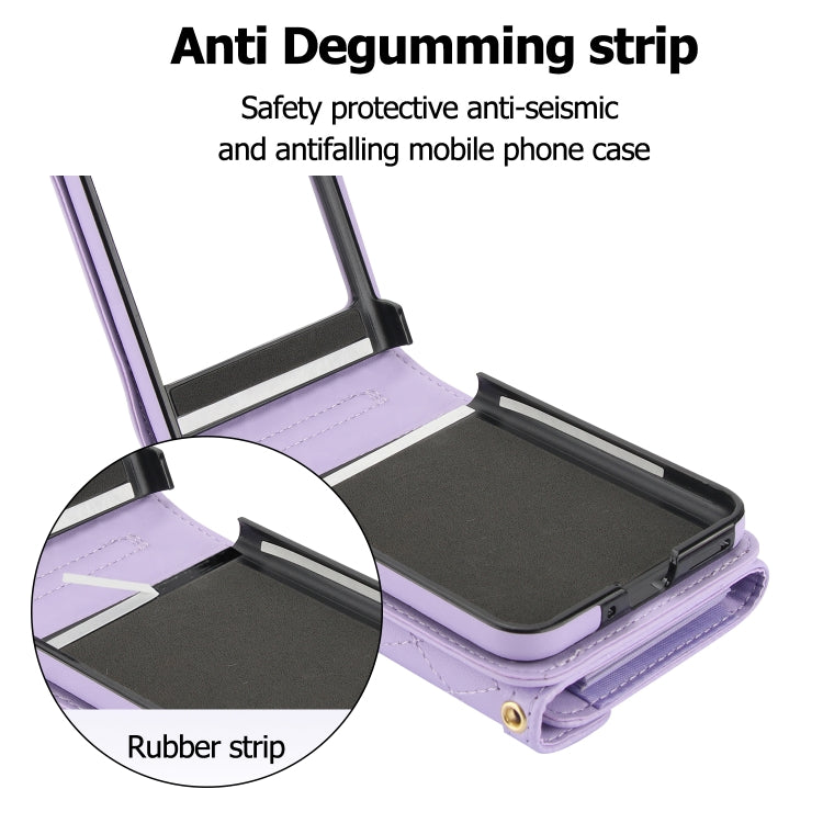 For Motorola Razr 40 Ultra Splicing Rhombic Texture Phone Case with Long & Short Lanyard(Purple) by buy2fix