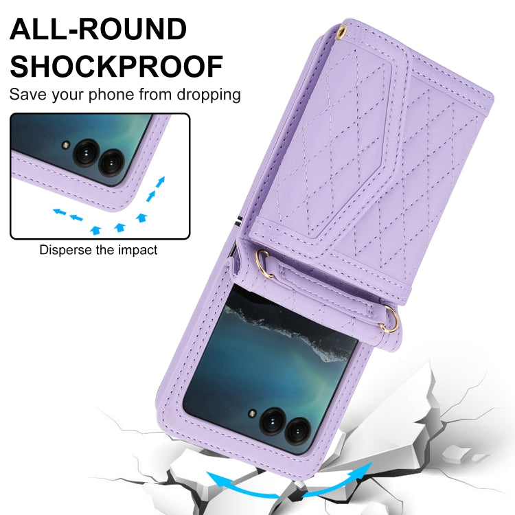 For Motorola Razr 40 Ultra Splicing Rhombic Texture Phone Case with Long & Short Lanyard(Purple) by buy2fix