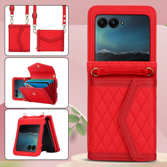 For Motorola Razr 40 Ultra Splicing Rhombic Texture Phone Case with Long & Short Lanyard(Red) by buy2fix