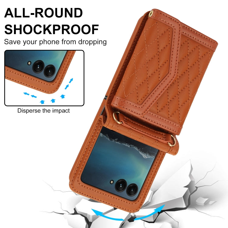 For Motorola Razr 40 Ultra Splicing Rhombic Texture Phone Case with Long & Short Lanyard(Brown) by buy2fix