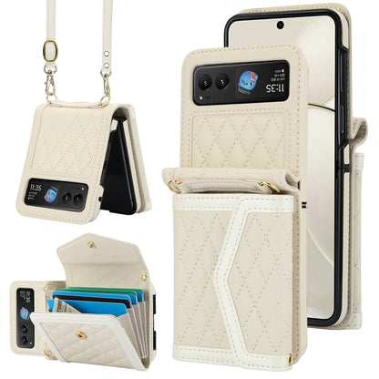 For Motorola Razr 40 Splicing Rhombic Texture Phone Case with Long & Short Lanyard(Beige) by buy2fix
