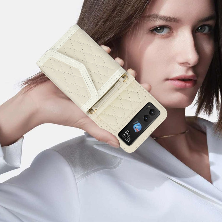 For Motorola Razr 40 Splicing Rhombic Texture Phone Case with Long & Short Lanyard(Beige) by buy2fix