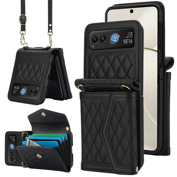 For Motorola Razr 40 Splicing Rhombic Texture Phone Case with Long & Short Lanyard(Black) by buy2fix