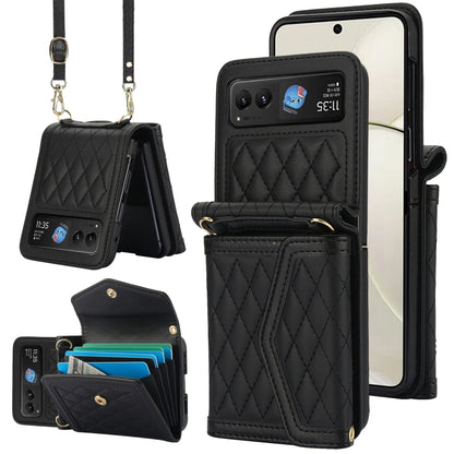 For Motorola Razr 40 Splicing Rhombic Texture Phone Case with Long & Short Lanyard(Black) by buy2fix