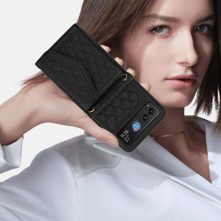 For Motorola Razr 40 Splicing Rhombic Texture Phone Case with Long & Short Lanyard(Black) by buy2fix