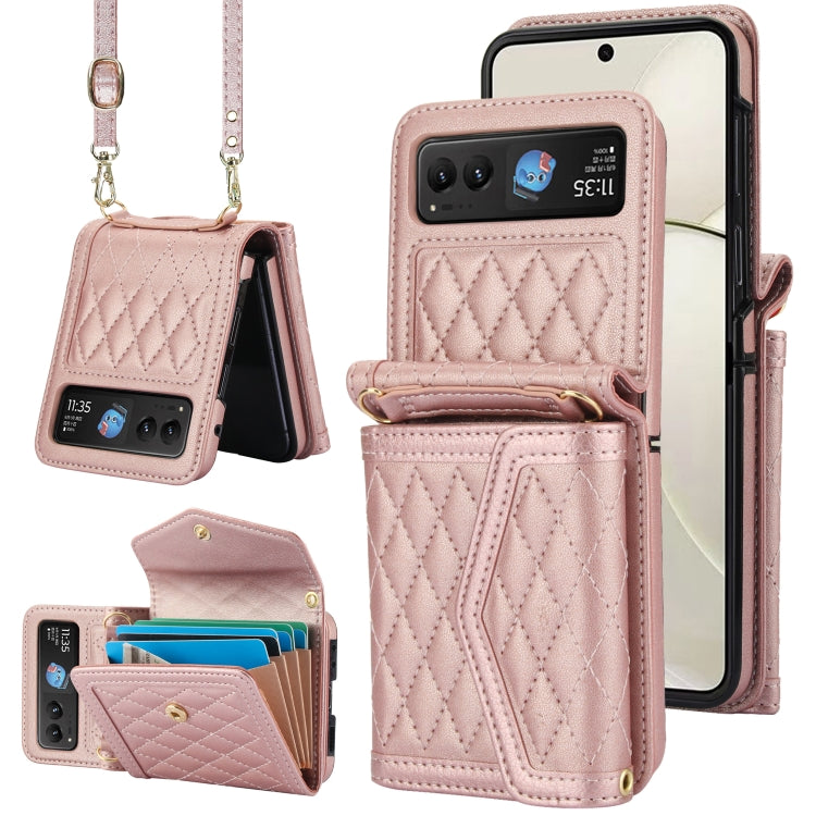 For Motorola Razr 40 Splicing Rhombic Texture Phone Case with Long & Short Lanyard(Rose Gold) by buy2fix