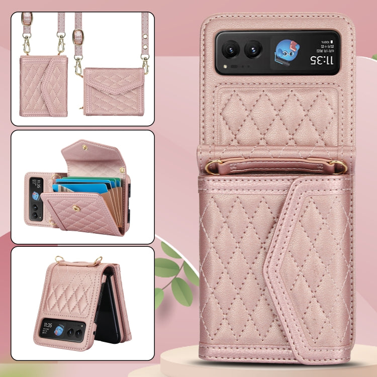 For Motorola Razr 40 Splicing Rhombic Texture Phone Case with Long & Short Lanyard(Rose Gold) by buy2fix