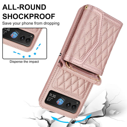 For Motorola Razr 40 Splicing Rhombic Texture Phone Case with Long & Short Lanyard(Rose Gold) by buy2fix