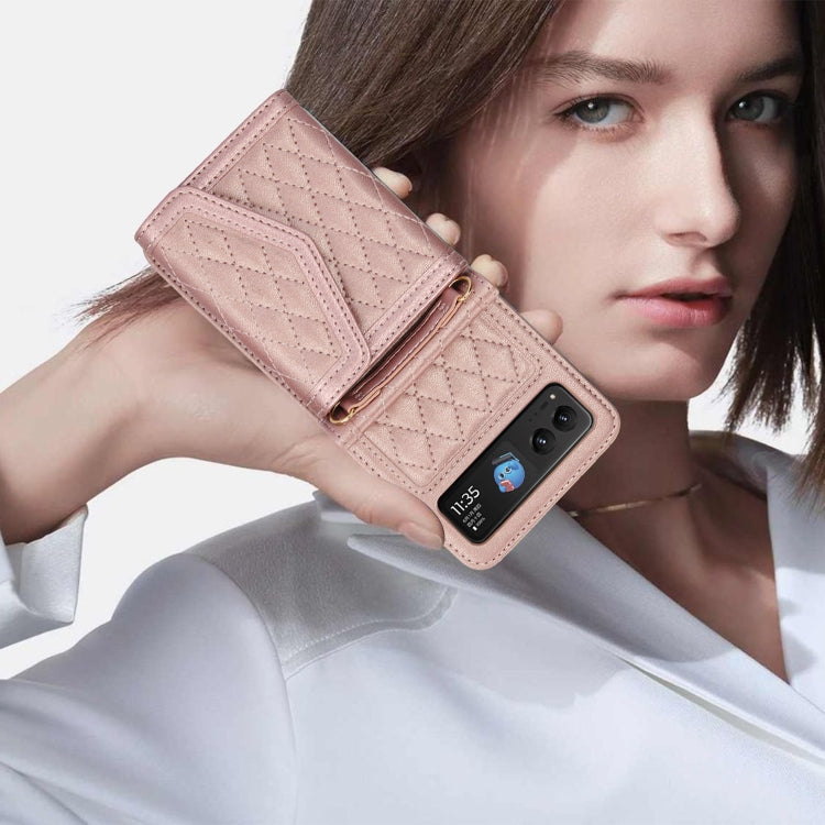 For Motorola Razr 40 Splicing Rhombic Texture Phone Case with Long & Short Lanyard(Rose Gold) by buy2fix