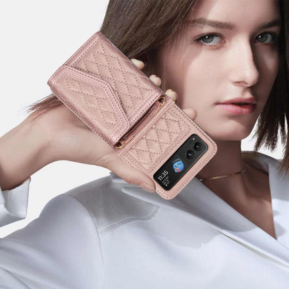 For Motorola Razr 40 Splicing Rhombic Texture Phone Case with Long & Short Lanyard(Rose Gold) by buy2fix