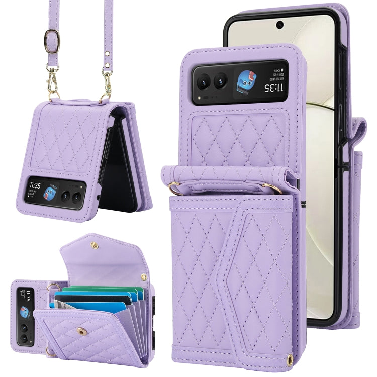 For Motorola Razr 40 Splicing Rhombic Texture Phone Case with Long & Short Lanyard(Purple) by buy2fix