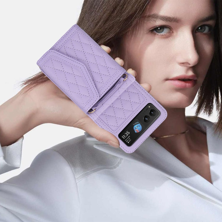 For Motorola Razr 40 Splicing Rhombic Texture Phone Case with Long & Short Lanyard(Purple) by buy2fix