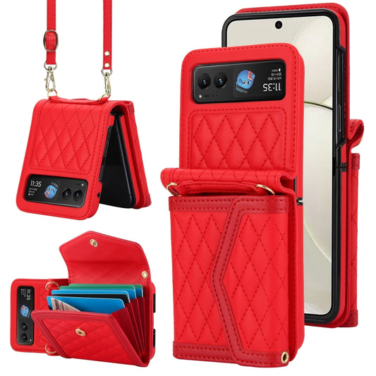 For Motorola Razr 40 Splicing Rhombic Texture Phone Case with Long & Short Lanyard(Red) by buy2fix