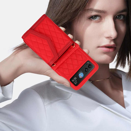 For Motorola Razr 40 Splicing Rhombic Texture Phone Case with Long & Short Lanyard(Red) by buy2fix