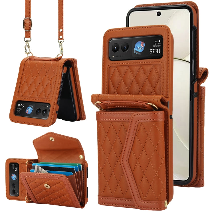 For Motorola Razr 40 Splicing Rhombic Texture Phone Case with Long & Short Lanyard(Brown) by buy2fix