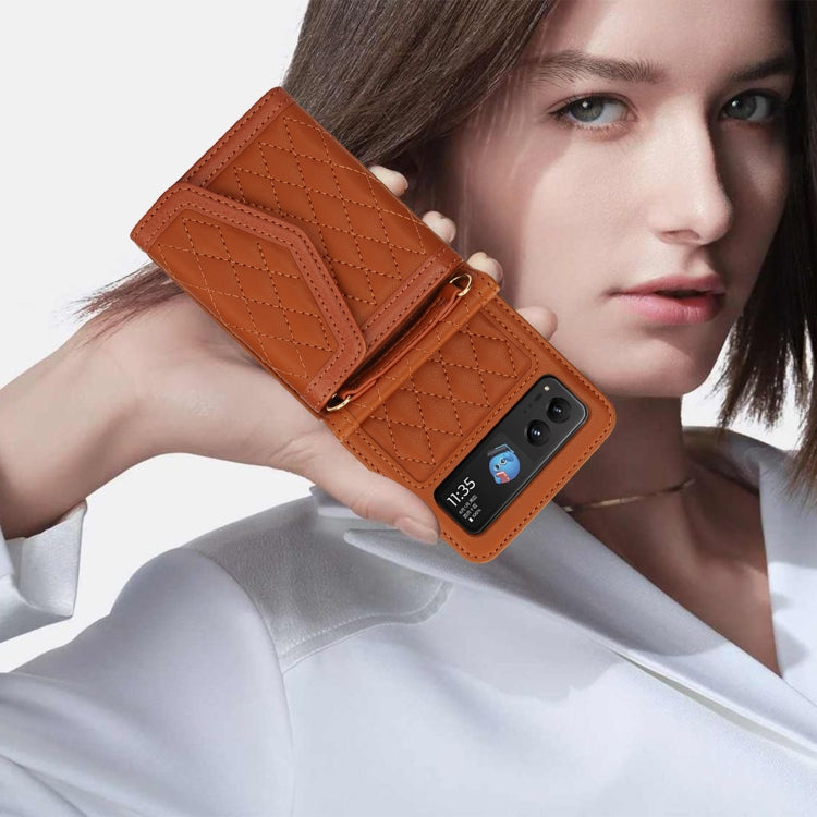 For Motorola Razr 40 Splicing Rhombic Texture Phone Case with Long & Short Lanyard(Brown) by buy2fix