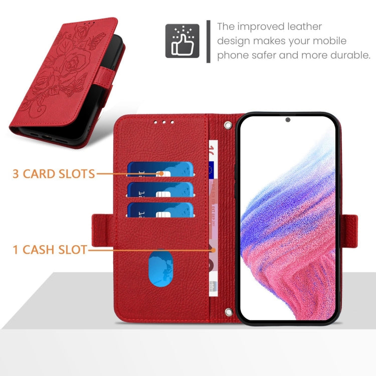 For Samsung Galaxy S25 5G Embossed Rose RFID Anti-theft Leather Phone Case(Red) - Galaxy S25 5G Cases by buy2fix | Online Shopping UK | buy2fix