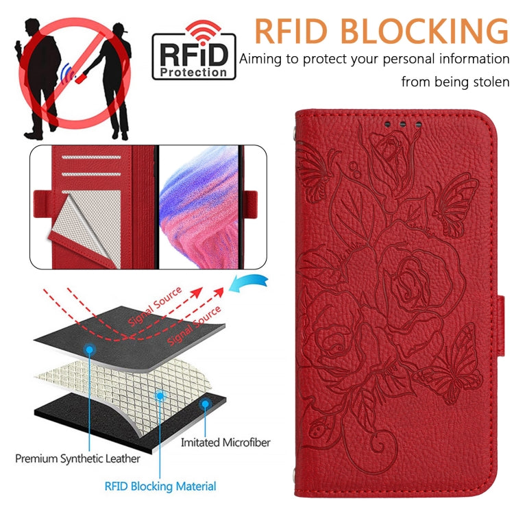 For Samsung Galaxy S25 5G Embossed Rose RFID Anti-theft Leather Phone Case(Red) - Galaxy S25 5G Cases by buy2fix | Online Shopping UK | buy2fix