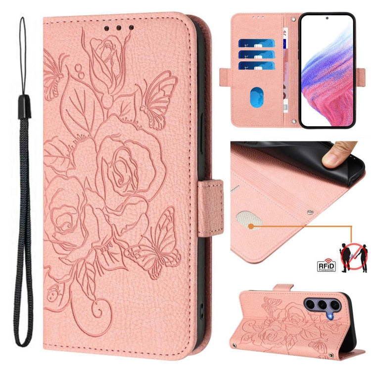 For Samsung Galaxy S25 5G Embossed Rose RFID Anti-theft Leather Phone Case(Pink) - Galaxy S25 5G Cases by buy2fix | Online Shopping UK | buy2fix