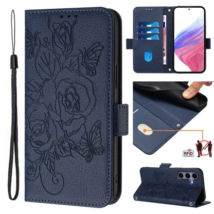 For Samsung Galaxy S25 5G Embossed Rose RFID Anti-theft Leather Phone Case(Dark Blue) - Galaxy S25 5G Cases by buy2fix | Online Shopping UK | buy2fix