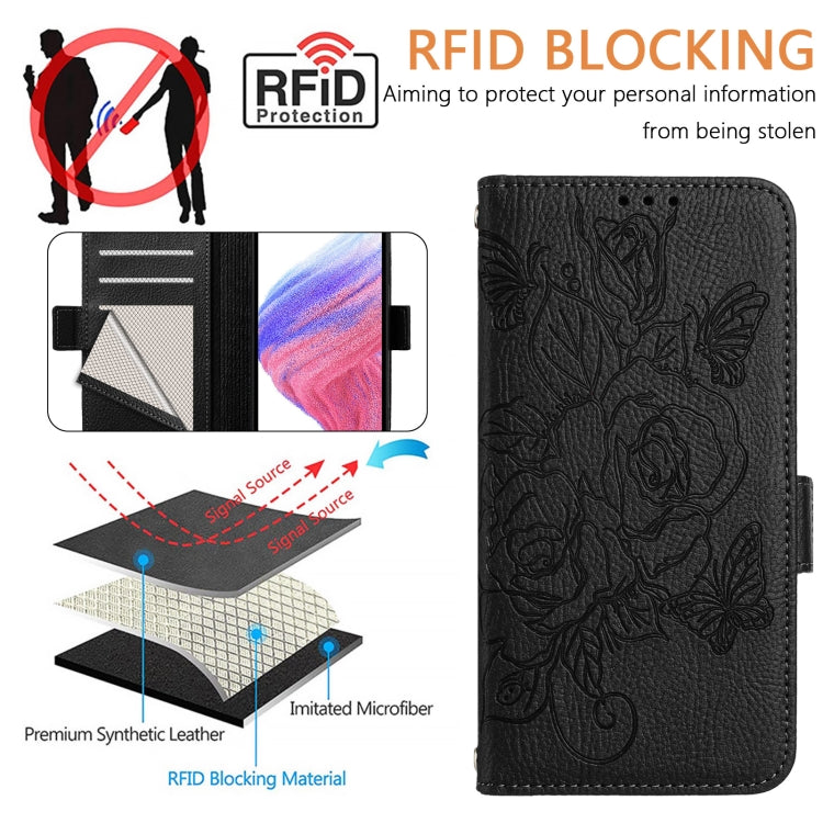 For Samsung Galaxy S25 5G Embossed Rose RFID Anti-theft Leather Phone Case(Black) - Galaxy S25 5G Cases by buy2fix | Online Shopping UK | buy2fix