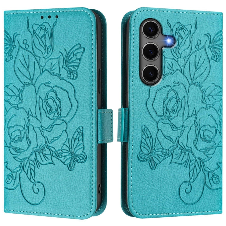 For Samsung Galaxy S25+ 5G Embossed Rose RFID Anti-theft Leather Phone Case(Light Blue) - Galaxy S25+ 5G Cases by buy2fix | Online Shopping UK | buy2fix