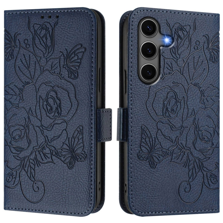 For Samsung Galaxy S25+ 5G Embossed Rose RFID Anti-theft Leather Phone Case(Dark Blue) by buy2fix