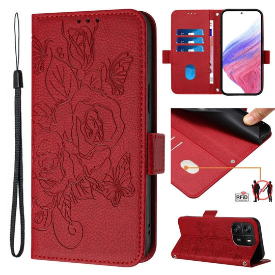 For Blackview WAVE 6C Embossed Rose RFID Anti-theft Leather Phone Case(Red)