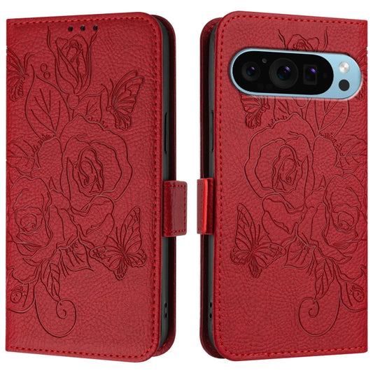 For Google Pixel 9 Pro XL Embossed Rose RFID Anti-theft Leather Phone Case(Red) by buy2fix