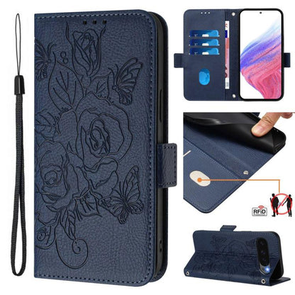 For Google Pixel 10 5G / 10 Pro 5G Global Embossed Rose RFID Anti-theft Leather Phone Case(Dark Blue) - Google Cases by buy2fix | Online Shopping UK | buy2fix
