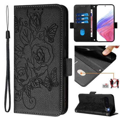 For Google Pixel 10 5G / 10 Pro 5G Global Embossed Rose RFID Anti-theft Leather Phone Case(Black) - Google Cases by buy2fix | Online Shopping UK | buy2fix