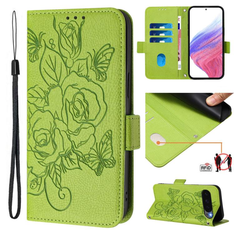 For Google Pixel 10 Pro XL 5G Global Embossed Rose RFID Anti-theft Leather Phone Case(Green) - Google Cases by buy2fix | Online Shopping UK | buy2fix