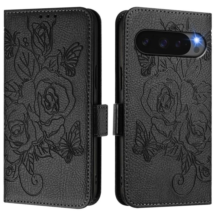 For Google Pixel 10 Pro XL 5G Global Embossed Rose RFID Anti-theft Leather Phone Case(Black) - Google Cases by buy2fix | Online Shopping UK | buy2fix