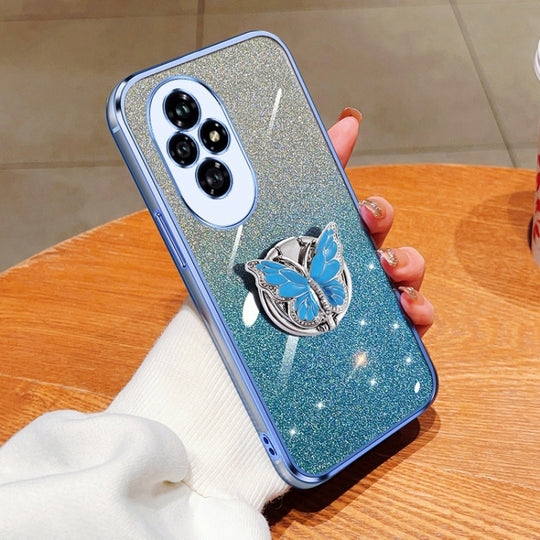 For Honor 200 Plated Gradient Glitter Butterfly Holder TPU Phone Case(Sierra Blue)