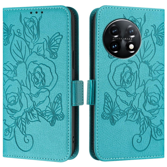 For OnePlus 11 Embossed Rose RFID Anti-theft Leather Phone Case(Light Blue) by buy2fix