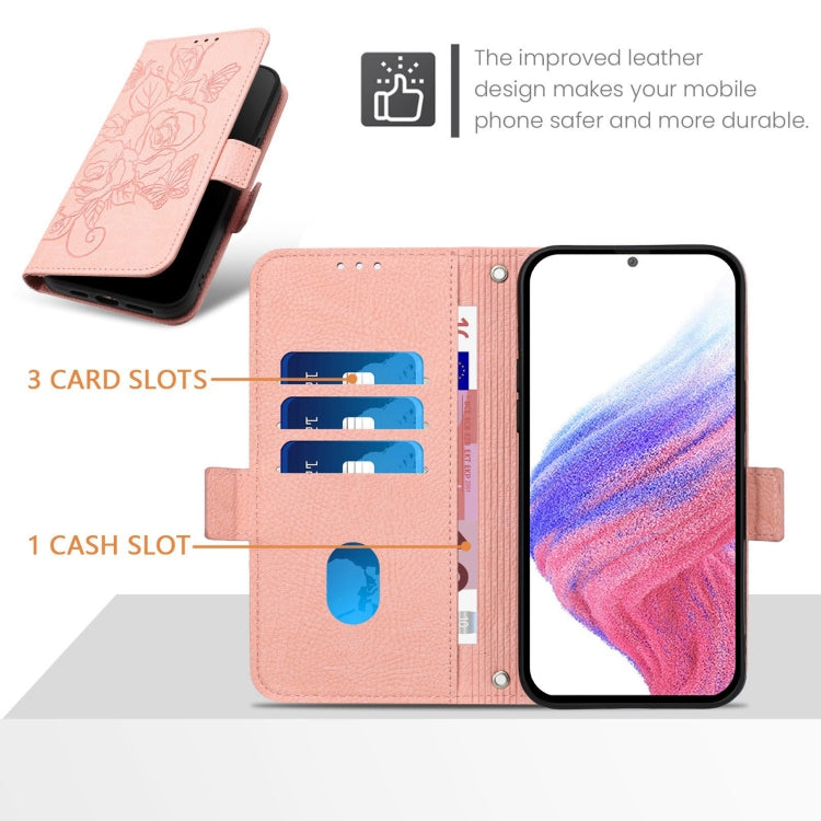 For OnePlus 11 Embossed Rose RFID Anti-theft Leather Phone Case(Pink) - OnePlus Cases by buy2fix | Online Shopping UK | buy2fix