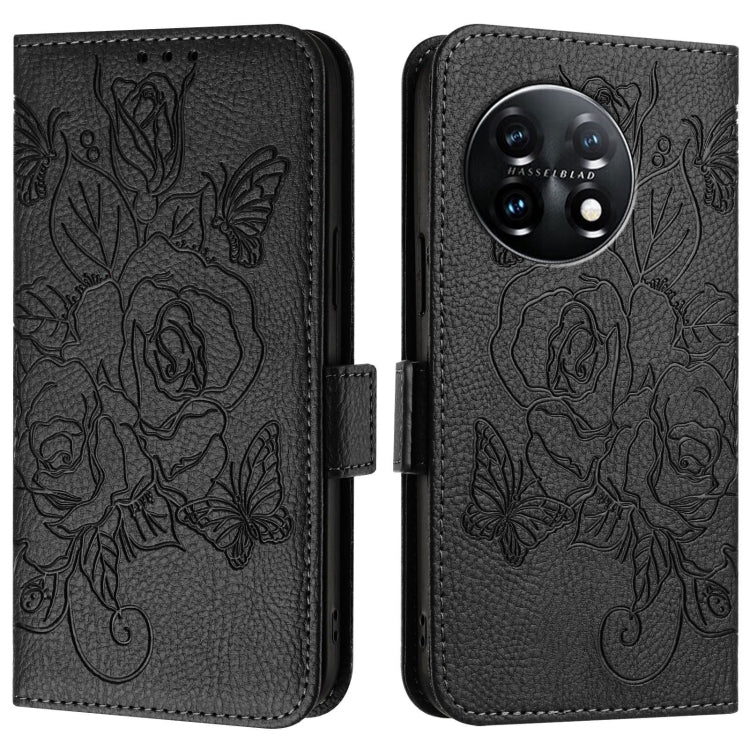 For OnePlus 11 Embossed Rose RFID Anti-theft Leather Phone Case(Black) by buy2fix