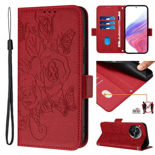 For OnePlus 12 5G Embossed Rose RFID Anti-theft Leather Phone Case(Red) - OnePlus Cases by buy2fix | Online Shopping UK | buy2fix