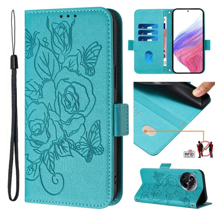 For OnePlus 12 5G Embossed Rose RFID Anti-theft Leather Phone Case(Light Blue) by buy2fix
