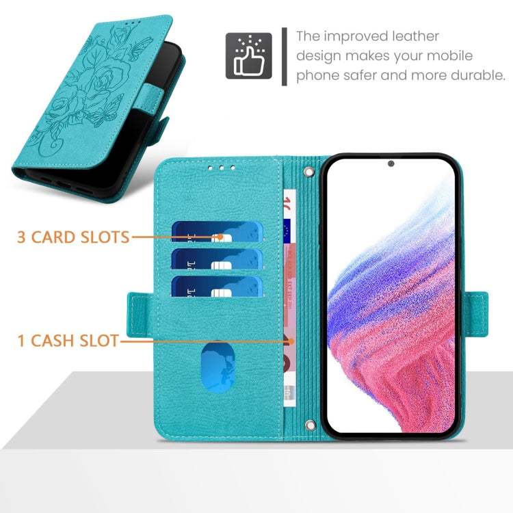 For OnePlus 12 5G Embossed Rose RFID Anti-theft Leather Phone Case(Light Blue) by buy2fix