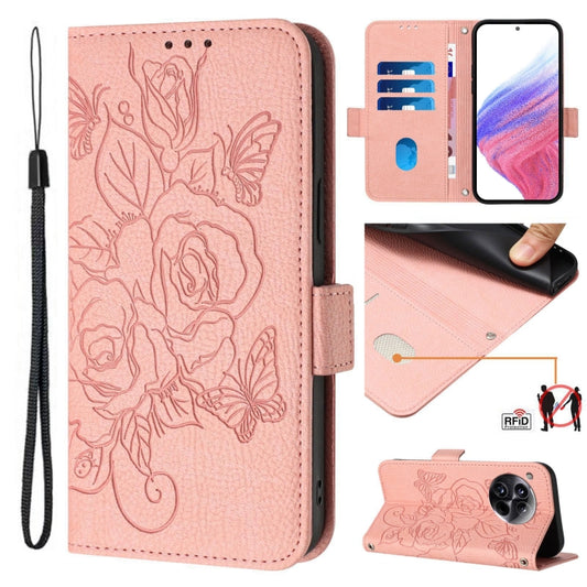 For OnePlus 12 5G Embossed Rose RFID Anti-theft Leather Phone Case(Pink) - OnePlus Cases by buy2fix | Online Shopping UK | buy2fix