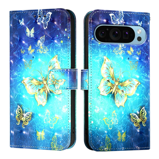 For Google Pixel 9 Pro XL 3D Painting Horizontal Flip Leather Phone Case(Golden Butterfly) by buy2fix