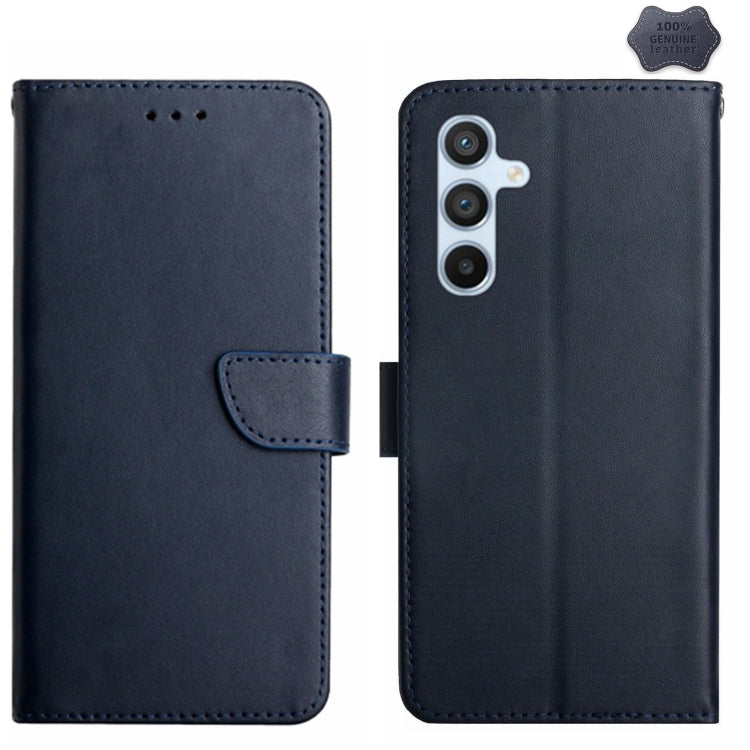 For Samsung Galaxy M35 5G HT02 Genuine Leather Fingerprint-proof Flip Phone Case(Blue) - Galaxy Phone Cases by buy2fix | Online Shopping UK | buy2fix