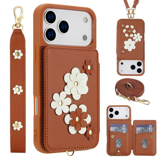 For iPhone 18 Pro Max / 17 Pro Max Crossbody Flower Pattern Leather Phone Case(Brown)