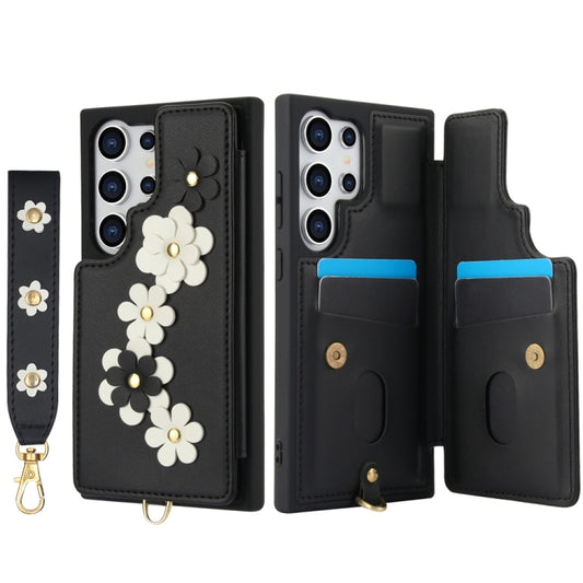 For Samsung Galaxy S25 Ultra 5G Crossbody Flower Pattern Leather Phone Case(Black) by buy2fix
