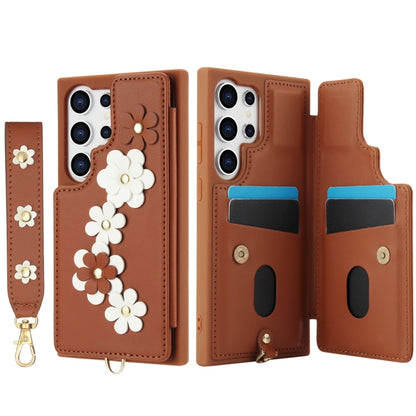 For Samsung Galaxy S25 Ultra 5G Crossbody Flower Pattern Leather Phone Case(Brown) - Galaxy S25 Ultra 5G Cases by buy2fix | Online Shopping UK | buy2fix